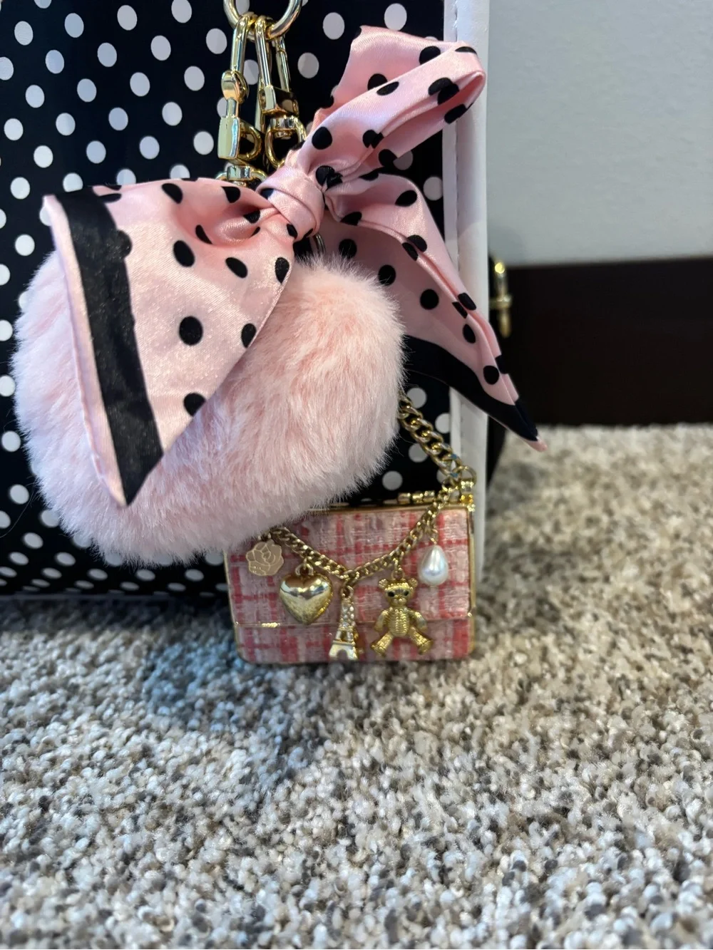 Betsey Johnson Black & White Polka Dot Tote with Pink Pom Charm - Picture 2 of 10